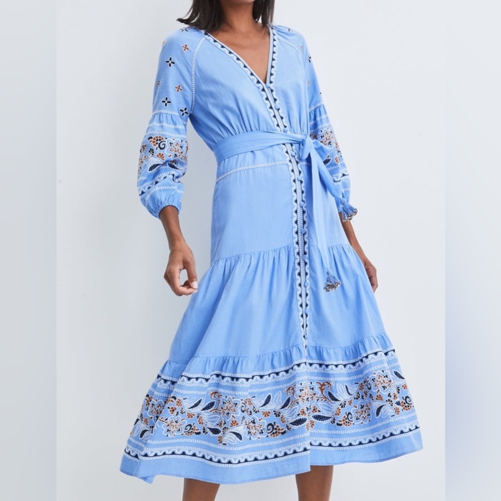 Veronica Beard Light Blue Embroidered Long Sleeve Dress